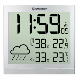 Horloge murale argentée avec grand écran LCD et prévisions météos 24h - Bresser
