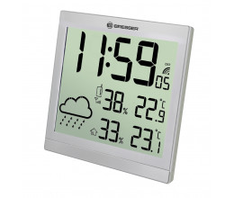 Horloge murale argentée avec grand écran LCD et prévisions météos 24h - Bresser